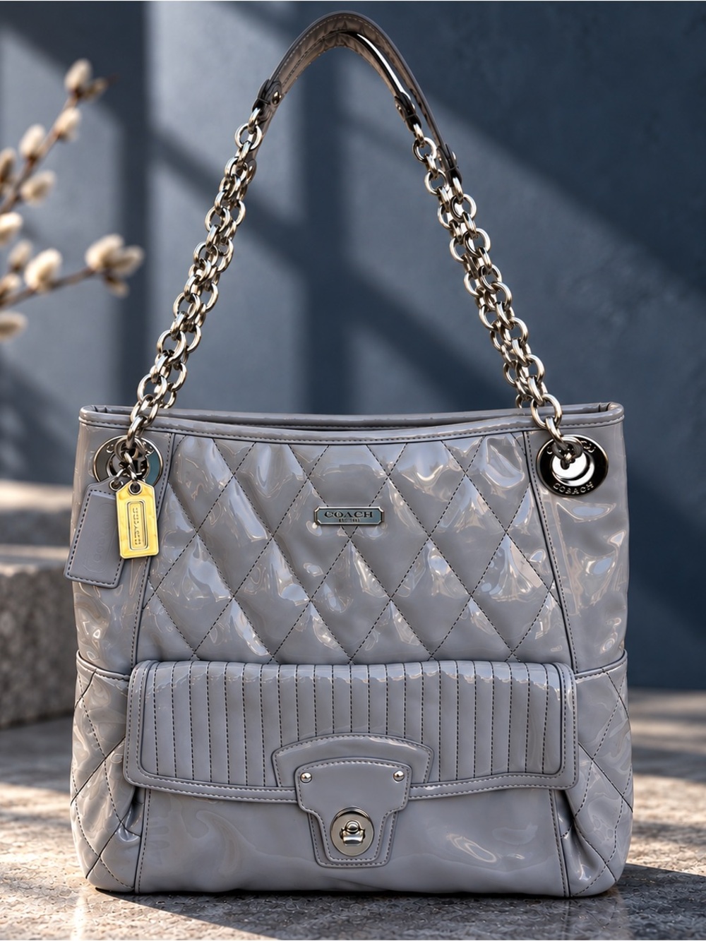COACH POPPY Liquid Glass Dove Gray Quilted Slim Tote. Purple Lining. 2 Hangtags.